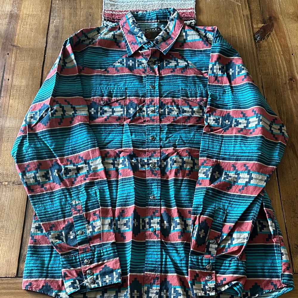 Roper Teal and Red Patterned Casual Shirt